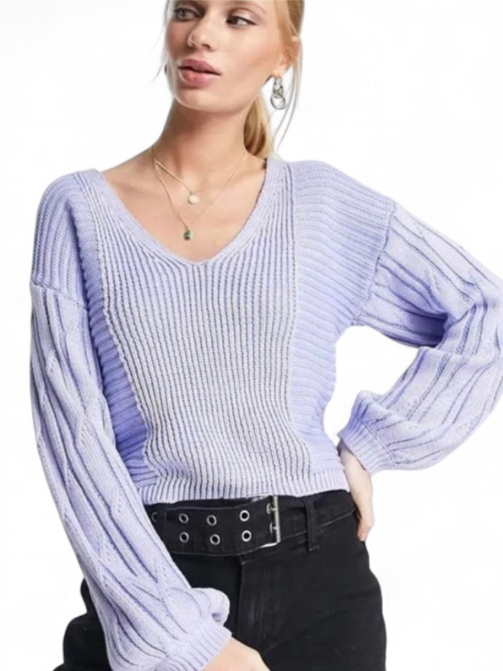 FreePeople When It Rains V Neck Sweater ChunkyKnitCroppedBalloon Sleeve Size S